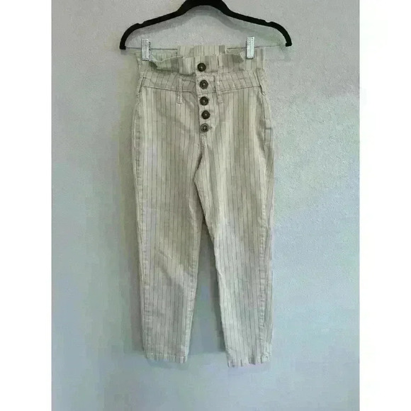 Free People Montella Cream & Brown Pin Stripe High Rise Paperbag Jeans Sz 2 - Picture 2 of 5